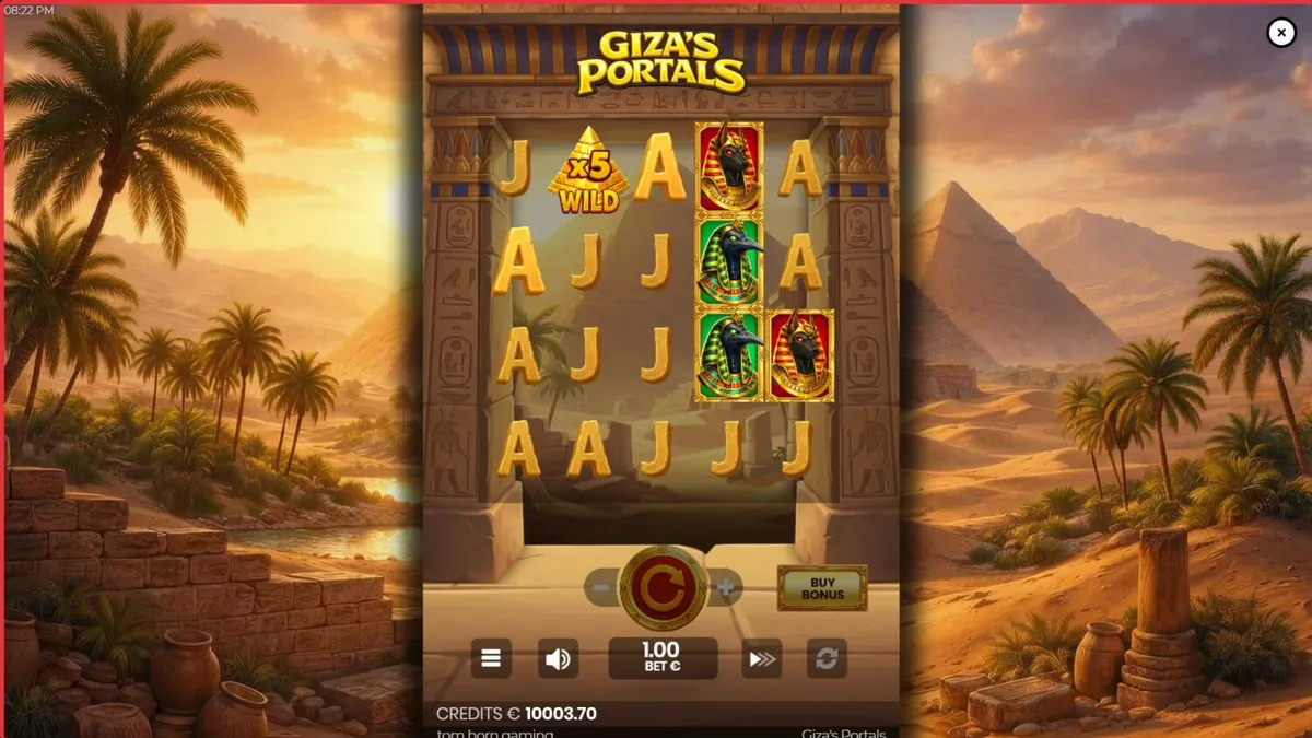 Giza’s Portals স্লট গেমের প্রাচীন মিশরীয় মন্দিরের দৃশ্য এবং পিরামিডের ব্যাকগ্রাউন্ড